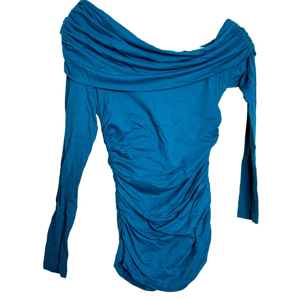 Susana Monaco Gather Off Shoulder Long Sleeve Top - Sea Blue NWT XS
